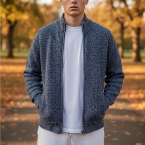 L.L. Bean Lambswool Androgynous Heather Blue Zip Chunky Knit Mock Neck Jacket